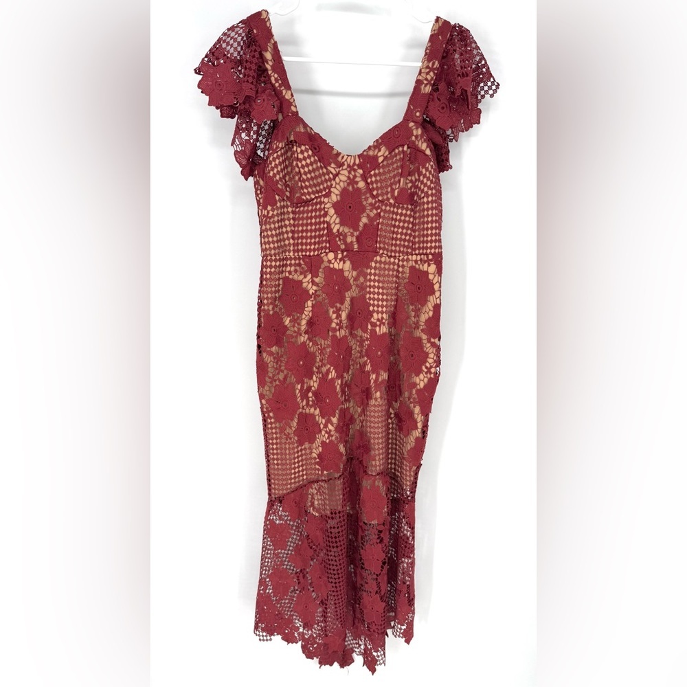 Bardot feminine whimsical  fairy Burgundy Lace romantic, formal Midi Dress - Picture 3 of 14